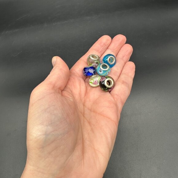 Glass Beads Sterling Silver 925 Colorful Charms For Bracelet Necklace Lot Of 6 - Picture 5 of 7